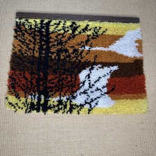 Vintage Latch  Hook Rug Wall Art Hanging Tree Sunset 1970 Hippi 21x27 Boho