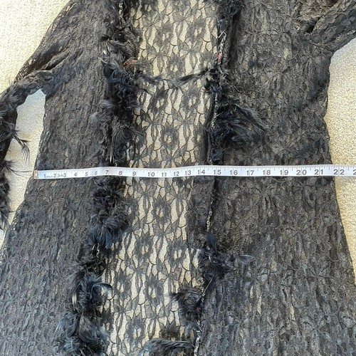 Vintage 80s Lace Feather Trim Long Robe Gothic Coquette Duster Lingerie SML - Picture 16 of 18