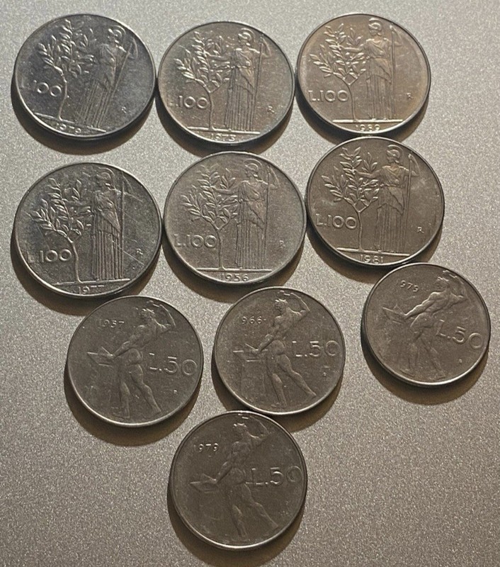 10PCs. Italian coins 6Pcs.100 Lira & 4Pcs.50 Lire