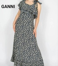 GANNI Asymmetrical Floral Maxi Dress Navy Size 34
