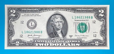 L 1862 1988 B TRAILING YEAR 1988 $2 Two Dollar Bill Serial Number