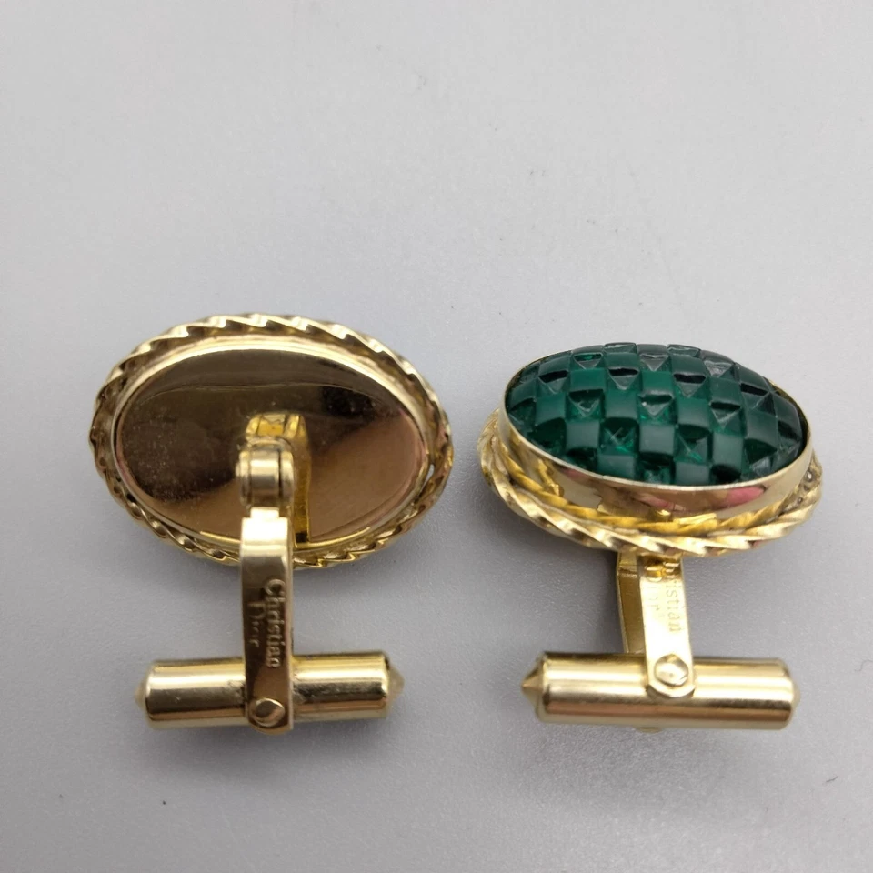 Christian Dior Cuff Links Bullet Style Green Checkered Acrylic Gold Tone VTG 80s - Image 3 of 4