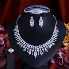 Noble CZ Leaf Drop Earring Necklace Bracelet Ring for Brides Pageant Jewelry Set
