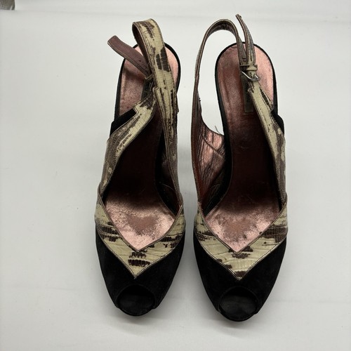 Miu Miu Suede Slingback Pumps Black Python Stiletto Open Toe 5” EU 39 - Picture 1 of 9