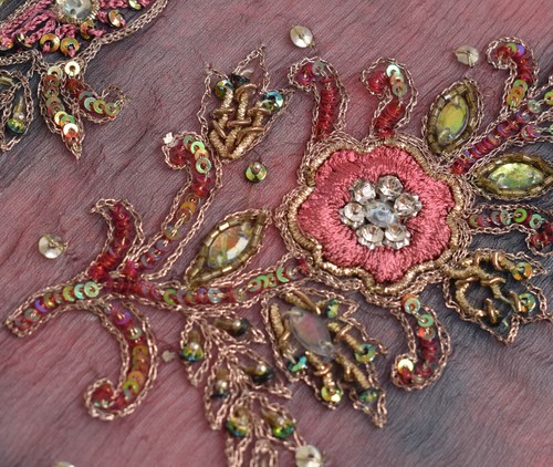 Sushila Vintage Tie-Dye Scrap Dupatta Pure Chiffon Hand Beaded Floral Long Stole - Picture 6 of 13