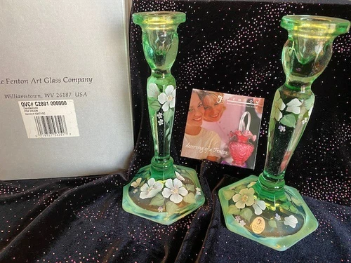 Fenton Art Glass Willow Green Handpainted Floral Candlestick Pair NIB QVC signed