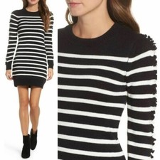Eliza J Sweater Dress XL Black White Striped Long Fringed Sleeve