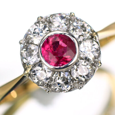 Pt850/K18 Synthetic Ruby Old Cut Diamond Ring Cluster Vintage 