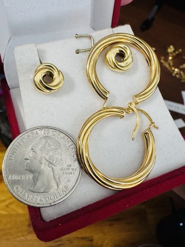 18K 750 Fine Real Gold Women’s Earring 2 Set of Hoop Loop & Stud Earrings 6.7g - Picture 7 of 23