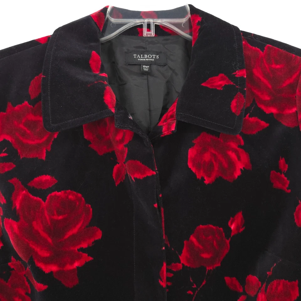 Talbots womens petite black floral red roses velvet blazer Size 18wp 3/4 sleeve - Image 4 of 4
