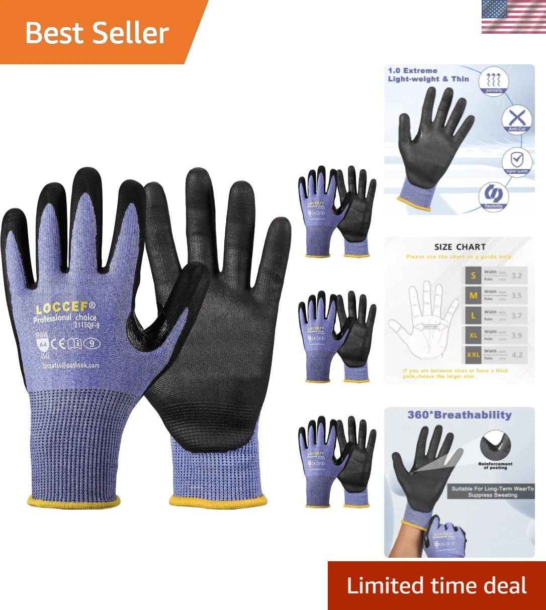 3 Pairs Safety Work Gloves,Touchscreen Compatible, Superior Dexterity,Level 5...