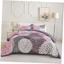 3PCS Pink and Grey Comforter Set Queen Size, Full/Queen Grey Pink Floral