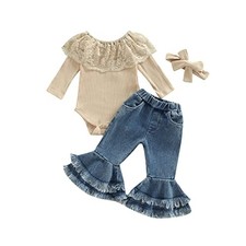 Newborn Baby Girl Clothes Infant Rib 0-6 Months B- Apricot  Flared Jeans