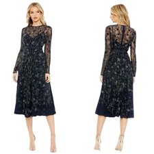 Mac Duggal 10799 Navy Beaded Illusion High Neck Long Sleeve Dress Size 6 $398