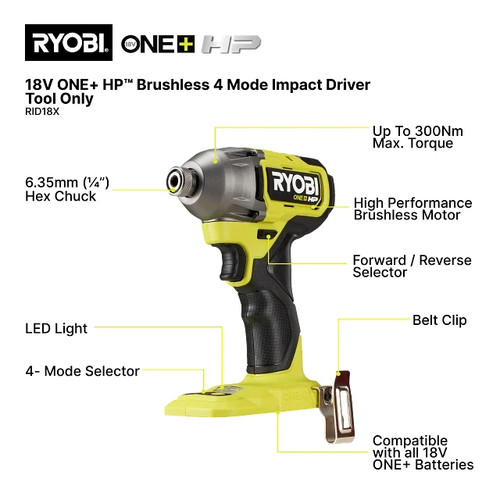 Ryobi 18V ONE+ HP Brushless 4 Mode Impact Driver Tool Only RID18X - Picture 3 of 7