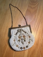 Vintage Hand MADE IN FRANCE Beaded Evening Bag WHITE  GOLD mosaic- As Is