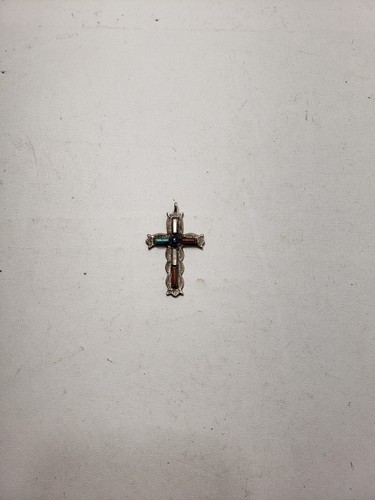 G&L Leekity Zuni Sterling Silver Multicolor Inlay Cross Pendant Signed Vintage