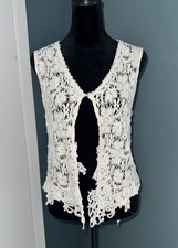 Vintage Crochet White Sleeveless Cardigan Vest Pearl Cottagecore Boho Handmade
