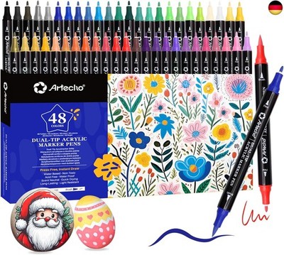 Artecho Acrylstifte 48 Farben, 0.5-5mm Wasserfester Dual Tip Marker (Pinsel und