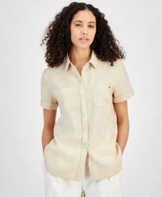 Tommy Hilfiger Womens Linen-Blend Short-Slee 196701427618 S RT $69.5