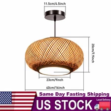 Ceiling Hanging Lamp Bamboo Wicker Vintage Rattan Lantern Pendant Light Fixture