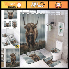 4-Piece Vintage Highland Cow Shower Curtain Set, Rustic Farmhouse Bath Rugs No
