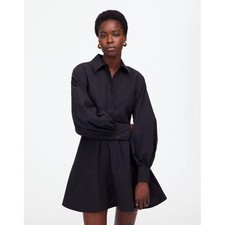 Madewell Seamed Long-Sleeve Mini Shirtdress in Poplin Black 6 NWT