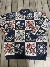 Vintage Dana Scott Sweater Sz Large Roses Scallop Hem Floral Block Pattern USA