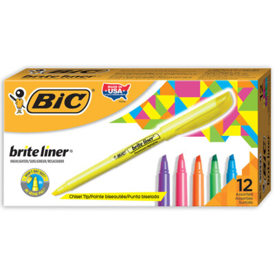 BIC Brite Liner Highlighters Markers, Assorted Colors, Chisel Tip, 12-Count Pack