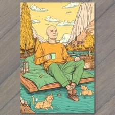 Art Print Man Bald Figure with Coffee Surreal Nature Scene Vibrant Colors Relax