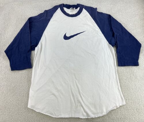 Rare Vintage NIKE Swoosh 3/4 Sleeve T Shirt Mens XL 90s White Blue USA *Flaws*