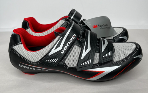 Venzo Cycling Shoes with 3 Straps in Black/Grey/Red W/ Cleats - Picture 1 of 7