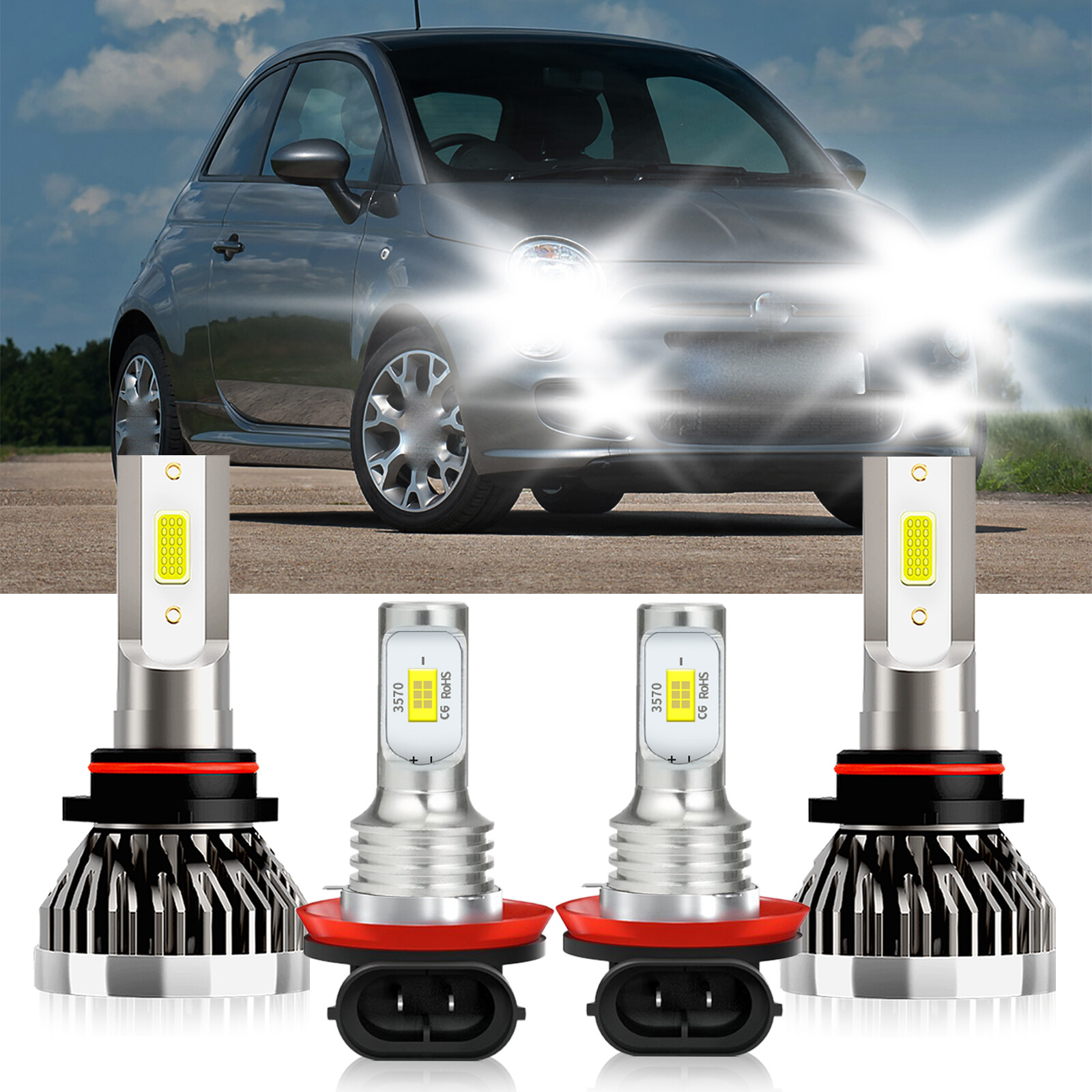 LED Headlight High Low Beam+Fog Light Bulbs Kit white For Fiat 500 2012-2018