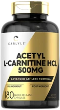 Acetyl L-Carnitine HCL 500mg | 180 Capsules | Non-GMO, Gluten Free | by Carlyle