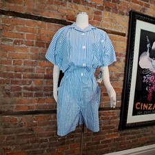 Vintage Womens Romper NWT Deadstock 1980s Blue White Stripes Size Button L