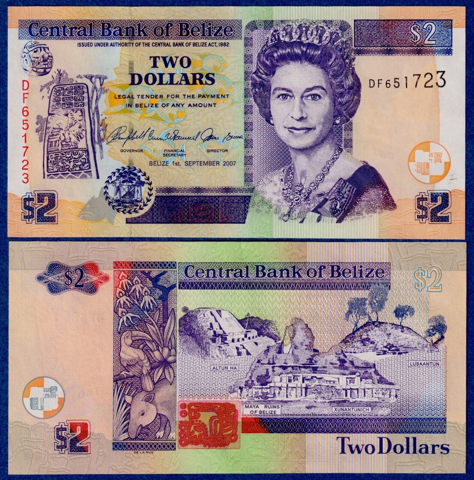 Belize  2 Dollars 2007 P-66c QE II, UNC Banknote