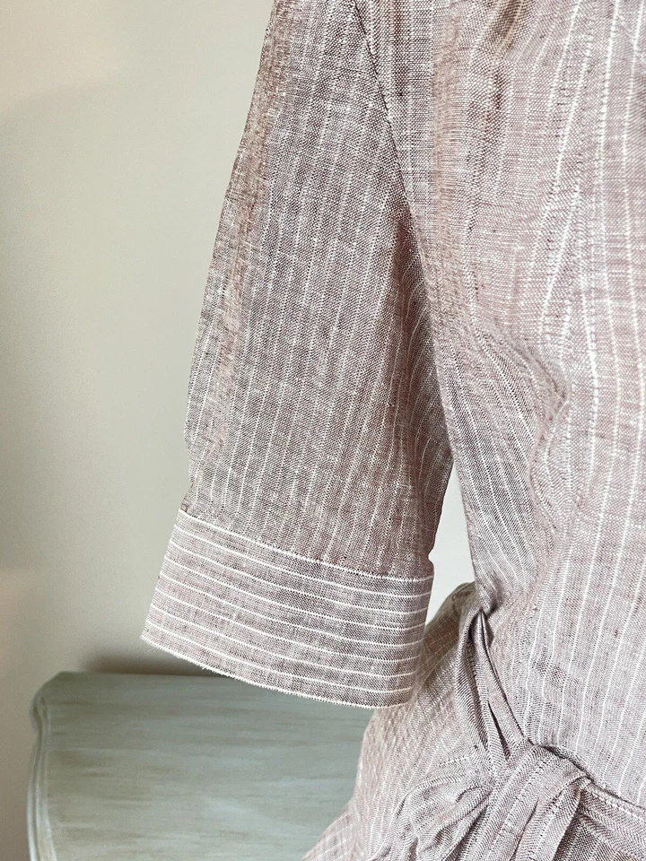 Vestido Camisa Alfani Lino Manga 3/4 Talla 6 S Marrón Beige Plisado Cinturón Corbata Lino Foto 4 de 4
