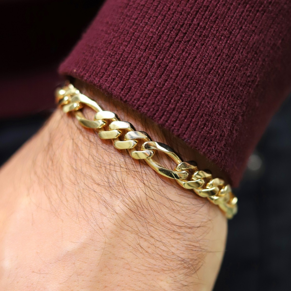 14K Real Solid Yellow Gold 9mm Figaro Link Chain Bracelet