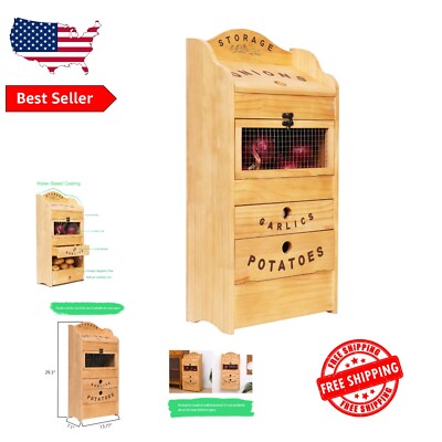 Compact 13.77'' Pine Wood Vegetable Storage Bin for Potatoes, Onions, and Garlic