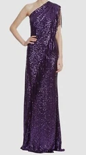 $990 Badgley Mischka Women Purple Sequin One-Shoulder Fringed Gown Dress Size 10