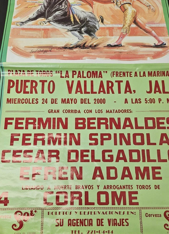 "Póster taurino Plaza de Toros La Paloma Saúl Ortega México 2000 19,5 X 36""" Foto 3 de 4