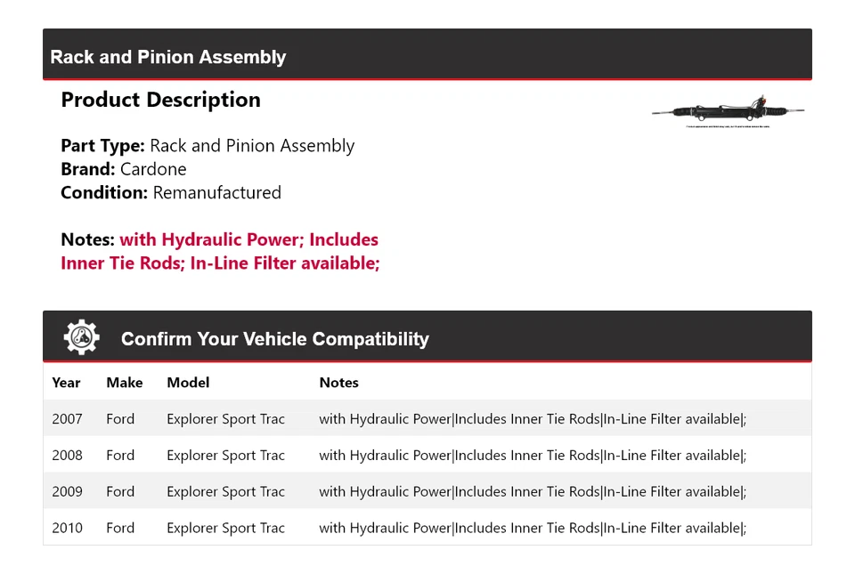 Conjunto de piñón y cremallera Cardone 2008 para Ford Explorer Sport Trac 2007-2010 Foto 2 de 4