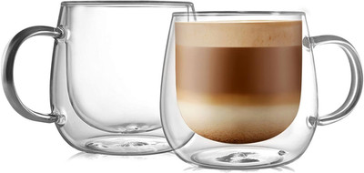 CNGLASS 16oz Double Walled Glass Coffee Mugs(2-pack),Large Clear Coffee Cups wit