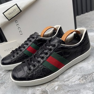 Gucci Ace Web Low Sneakers Aligator Crocodile Black Leather 7.5 G  8 US 41.5 EUR