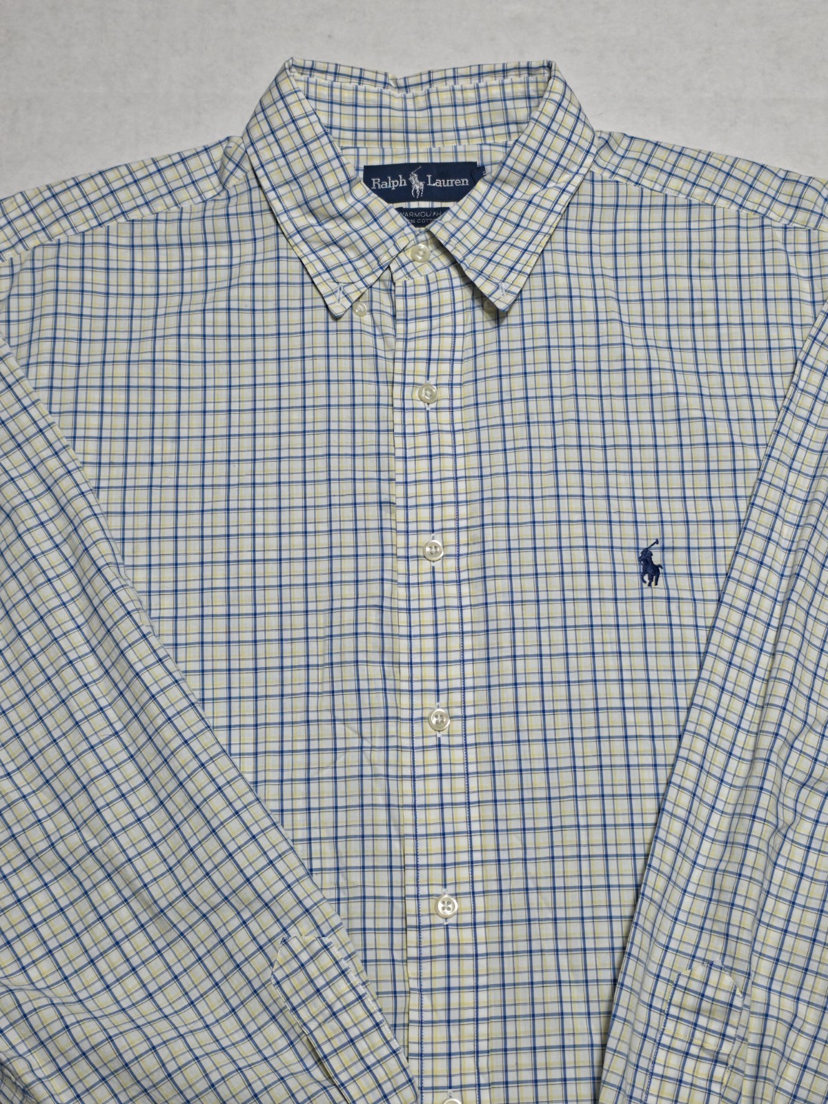 Ralph Lauren Yarmouth Mens Blue Yellow Plaid Dress Shirt Sz 17/34-35