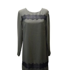 Ann Taylor Classic Shift Dress Olive Green Black Lace Long Sleeve Midi Size 10