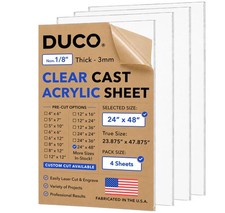 Duco 1/8" Clear Cast Acrylic Sheets, 24"x48" Plexiglass Sheets, 4 Pack