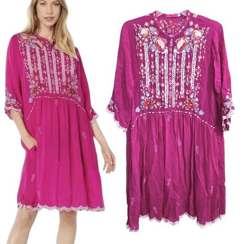 Johnny Was Diega Tunika Kleid Gr. M Viskose 3/4 Arm bestickt fuchsia Boho