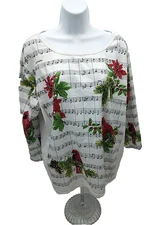 Collections Etc  Blouse XXL Sequins 3/4 Sleeve Poinsetta Flowers and Song Notes