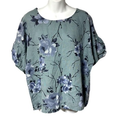 Elena Baldi Made In Italy Blue Floral Linen Ruffle Sleeve Top Romantic Boho